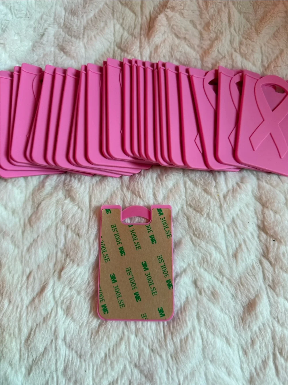 Hot Pink Silicone Phone Card Pocket with Ribbon Emblem breast, cancer awareness